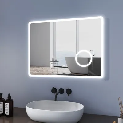 Produktbild von Heilmetz LED Badspiegel 80x60cm Badspiegel mit 3 Lichtfarbe 3000-6400K Badezimmerspiegel mit Touchschalter + Beschlagfrei+ 3-Fach Vergrößerung IP44 energiesparend