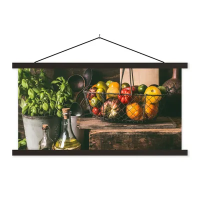 Produktbild von MuchoWow® Textilposter Gemüse - Kräuter - Rustikal - Stilleben - Basilikum 90x45 cm mit schwarzem Rahmen - Klemmleisten