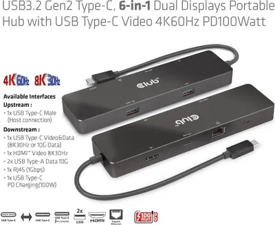 Produktbild von Club3D Usb-C 6In1-Hub >Hdmi/2Xusb-C/2Xusb/Lan 8K30Hz Pd100W