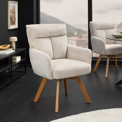Produktbild von riess-ambiente Drehbarer Stuhl BIG GEORGE champagner natur Chenille Buchenholz Esszimmerstuhl mit Armlehnen