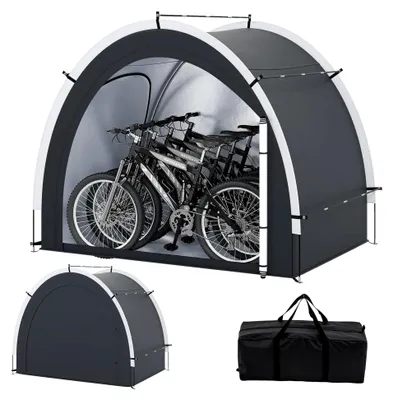 Produktbild von Fahrradunterstand für 4-5 Fahrräder, wetterfeste Fahrradgarage mit 2 Rolltüren, Fenster und Tasche, tragbar für Gartenwerkzeuge (218 x 153 x 182 cm)