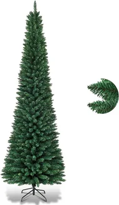A tall, slender artificial Christmas tree with a metal stand, shown against a white background. A close-up of the tree's branches is visible in a circular inset.