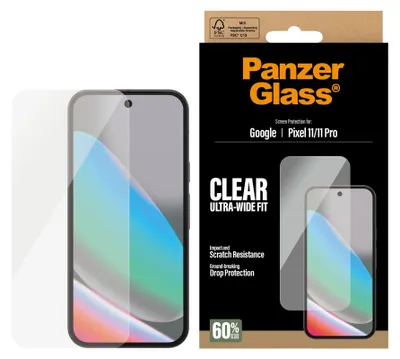 Zdjęcie produktu dla PanzerGlass ® Screen Protector Google Pixel 11 | 11 Pro | Ultra-Wide Fit, Google, Google - Pixel 11, Google - Pixel 11 Pro, Aplikacja na sucho, Odporny na zadrapania, Odporny na wstrząsy, Przezroczysty, 1 szt.