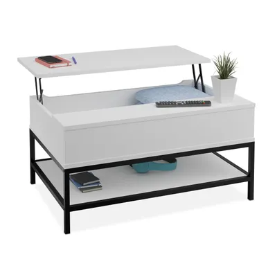 Image de Table basse pliable Relaxdays, avec tablette, table de salon avec espace de rangement, aspect bois, dimensions : 45,5 x 90 x 60 cm, blanc/noir