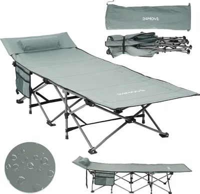 Produktbild von 24MOVE® Feldbett Campingbett bis 150 kg In-und Outdoor Camping faltbar mit Seitentasche und Kissen