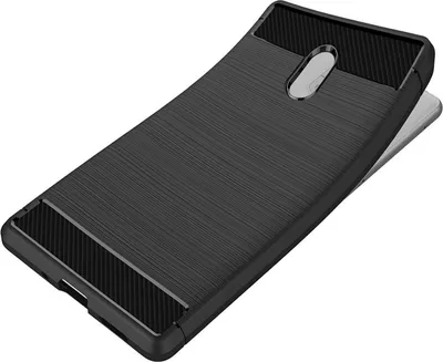 A black phone case with a carbon fiber texture is shown against a white background.