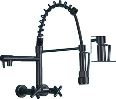 Obrázek produktu pro Kuchyňská baterie, nástěnná, otočná o 360 stupňů, dvojitá rukojeť, černá s kroužkem