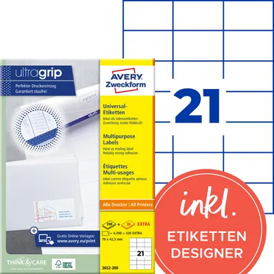 Produktbild von Avery Zweckform 3652-200, Universal-Etiketten, A4, Qualitätsdruck mit: ultragrip, 70 x 42,3 mm, 4.620 Etiketten / 220 Bögen, weiß