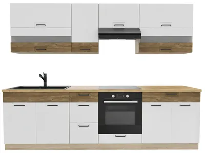 Produktbild von Küchenzeile 270 cm - FAVORIT A PLUS - Weiß Hochglanz und Sonoma Eiche - Arbeitsplatte Lancelot Eiche - Einbauküche - Metallbox Schubladen