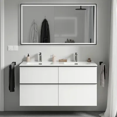 Produktbild von Waschtischunterschrank LAVOA 120 cm mit Doppelwaschbecken - Farbe wählbar, Farbe Badmöbel:Weiß matt, Waschbecken:Weiß glänzend, Metallgriff:Schwarz matt