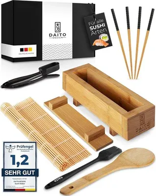 Produktbild von Unyqoos® Sushi-Maker – beschichtetes Bambus-Set (22 cm) mit Sushi-Accessoires & Rezept‑E‑Book, für Anfänger und Fortgeschrittene