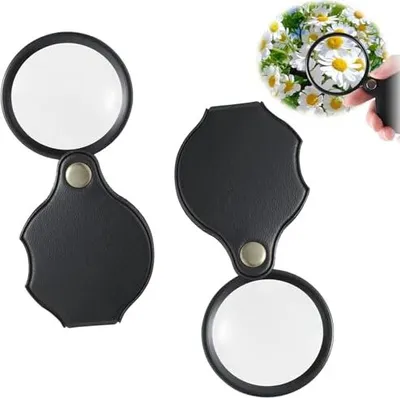 Image de Pack 2 loupe de poche, mini loupe 10x, loupe portable, petit boîtier pliable en verre noir en cuir, lecture, livres, cartes,