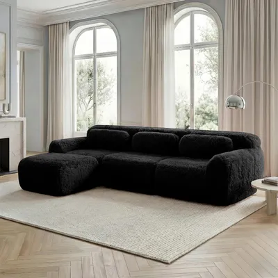 Produktbild von L-förmiges modulares rahmenloses Tiefsofa, Plüschstoff, montagefrei mit Kissen, weich & hochelastisch, rutschfest, für Wohnzimmer & Schlafzimmer, Schwarz
