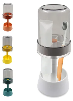 Zdjęcie produktu dla Uchwyt na szczoteczki do zębów z pojemnikami na kubki i stojakiem na pastę do zębów, 3 przegródki, biały, 6,8 x 8,7 x 21,5 cm