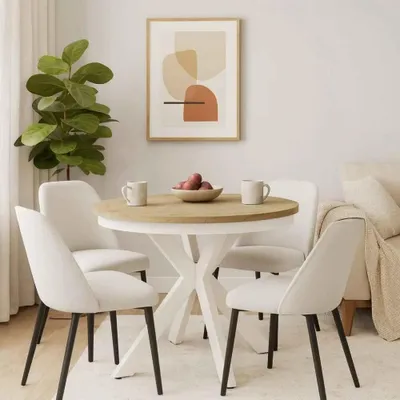 Produktbild von BEAUTYSOFA | Runder Esstisch BILBAO Ø 100–180 cm ausziehbar – Moderne Metallbeine, runder Küchentisch & Esszimmertisch in Weiß/Eiche Artisan