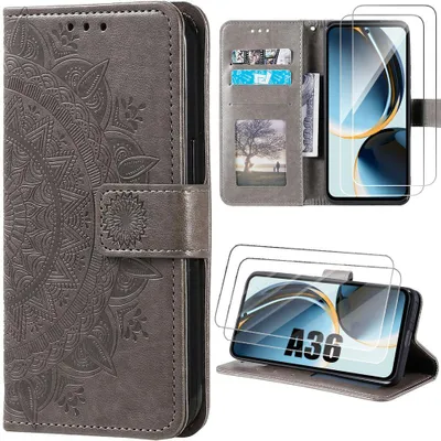 Image de Coque + 2 Verres Trempés pour Samsung Galaxy A36 5G, Protection Rabat Cuir Synthétique Motif Mandala Exotique Marron
