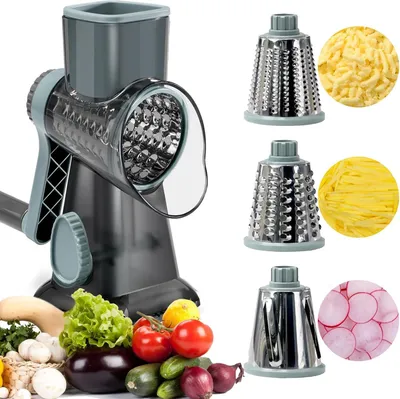 Produktbild von 3in1 Käsereibe mit Kurbel, Gemüseschneider 3 Edelstahl Austauschbaren Trommelklingen, Manuelle Trommelreibe, Gemüsehobel, Ideal für Gurken, Käse Nüsse