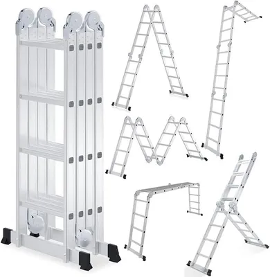 Imagen del producto de Escalera multiusos de aluminio, 4 peldaños, 468 cm, 7 en 1, capacidad de 150 kg