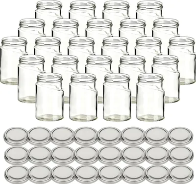 Produktbild von gouveo 24er Set Einmachgläser 314 ml Skew mit Schraubdeckel silberfarben - Leere Vorratsgläser mit Schraubverschluss für Marmelade, Honig, Gewürze