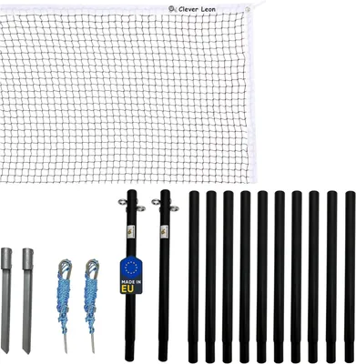 Produktbild von Clever Leon Volleyball Netz Set - Beachvolleyball - Badminton - Tennis - 6.5 x 0.75 m - 12 Stahlpfosten - Befestigungsset - Schwarz
