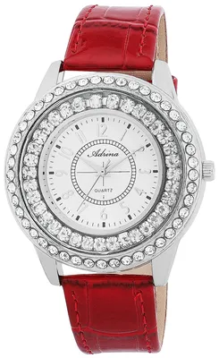 Image de Montre pour femme, bracelet imitation cuir, couleur argentée, avec incrustations de cristaux