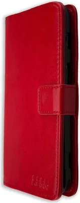 A red book-style phone case is shown from the side.