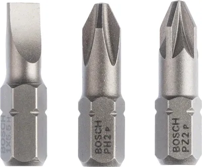 Image de Assortiment de 3 embouts de vissage courts qualité extra-dure PH2 - PZ2 - S1x5,5 L 25mm - BOSCH - 2607001766