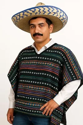 A man wearing a poncho and a sombrero.