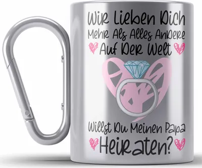 Produktbild von Trendation - Heiratsantrag Ideen Überraschung Mann Frau Heiratsantragsgeschenk Gechenke Edelstahl Tasse Karabiner Verlobung Heiraten Kinder Lustig (Silber)