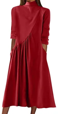 Image de Robe midi pour femmes, col roulé et manches longues - Rouge