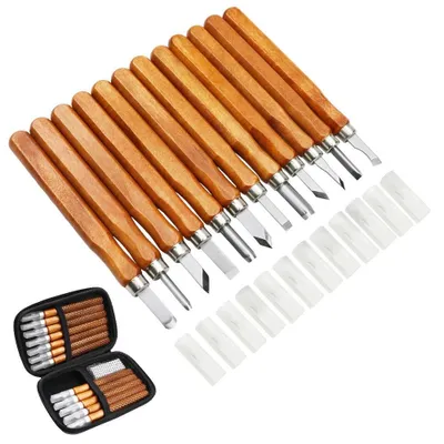 Imagen del producto de Juego de 14 piezas para tallado en madera, que incluye diferentes cinceles y protectores