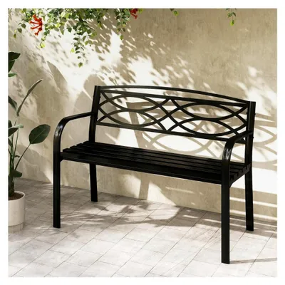 Produktbild von Gartenbank aus Metall, Sitzbank für 2 Personen im Freien, Balkonbank mit Rückenlehne und Armlehnen, Vintage Parkbank, belastbar bis 300 kg, Metallbank 116 x 49 x 83 cm, Schwarz