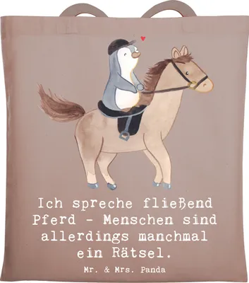 Produktbild von Mr. & Mrs. Panda Jutebeutel Reiten und Rätsel - Braun Pastell - Geschenk, Tote Bag, Shopping Tasche, Pferde, Laptoptasche, Sportart, Baumwollbeutel, Sportler, Teamsport