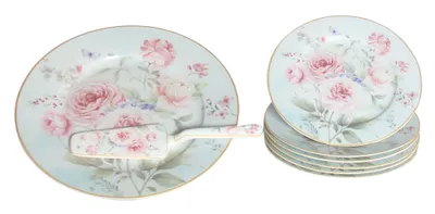 Produktbild von HOME ELEMENTS Kuchenset: Kuchenteller, 6 x Teller, Tortenlöffel, Rose