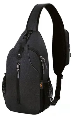 Produktbild von 1 Stück Crossbody Sling Bag in Schwarz – gefertigt aus strapazierfähigem, atmungsaktivem Material für hohen Tragekomfort. Mit Maßen von 18 x 9 x 38 cm bietet sie großzügigen Stauraum: vordere Reißverschlusstasche, Schnallentasche, mehrere Innentaschen und eine 15 cm hohe seitliche Netztasche für Flaschen bis 6 cm Durchmesser. Der wendbare Schultergurt ist stufenlos von 78,7 cm bis 100,3 cm verstellbar und lässt sich links oder rechts tragen. Ideal für Wandern, Pendeln, Freizeit oder Outdoor – kompatibel mit