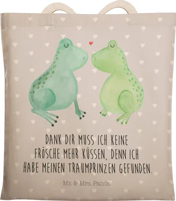Produktbild von Mr. & Mrs. Panda Stoffbeutel Frosch Liebe - Grau Pastell - Geschenk, Stofftragetasche, Tasche, Tote Bag, Jahrestag, Beuteltasche, Hochzeitstag, Frösche, Freundin