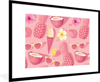 Produktbild von MuchoWow® Gerahmtes Poster Sommer - Muster - Rosa 90x60 cm - Poster mit Schwarzem Bilderrahmen Wandposter Rahmen Foto Bilder - Wanddekoration - Fotos