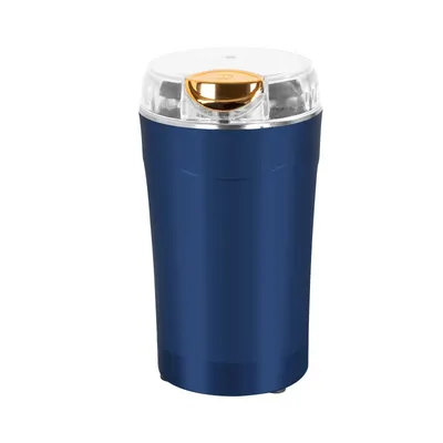 A blue electric coffee grinder with a clear lid and gold accent.