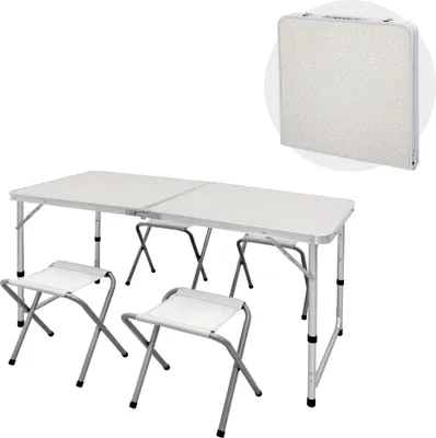 Produktbild von ECD Germany Kempingový stôl so 4 stoličkami, 120x60x55/63/70 cm, nastaviteľná výška, skladací, biely/krémový, z hliníka a MDF, kempingový nábytok so 4 stoličkami