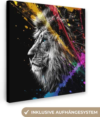Produktbild von MuchoWow® - Leinwandbilder - Löwe - Graffiti - Schwarz - Neon - Tiere, Wandbild, Wanddeko Bilder Wohnzimmer, 50x50cm