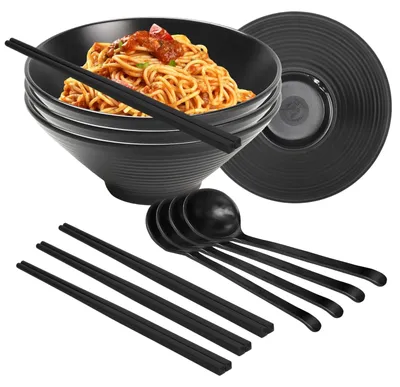 Produktbild von 1600 ml Ramen-Schalen aus Melamin, 4 Sets japanische Ramen-Schalen mit Stäbchen und Löffel, Salatschalen, Nudelsuppenschalen für Salat, Mus, Nudeln, Suppe, Obst und Gemüse