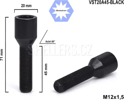 Obrázok produktu pre Skrutka M12x1,5x45 s vnútorným polygónom, VST20A45-BLACK, priemer hlavy 20 mm, čierna, výška 71 mm