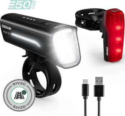 Produktbild von OSRAM LEDsBIKE Race 50 Set, wiederaufladbares Fahrradlichtset, StVZO-zugelassenes Front- und Rück-LED-Lichtset, DREI Helligkeitsstufen, 50 Lux