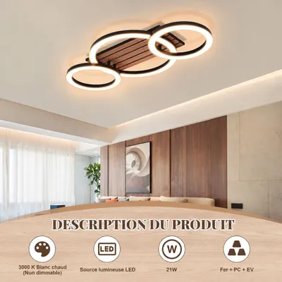 Image de ZMH, lampe plafonnier LED pour salon, diamètre 58 cm, design moderne en bois, 3 anneaux, lumière blanche chaude (3000K), puissance 21W, éclairage idéal pour salon, chambre à coucher ou couloir, Image générée par une IA
