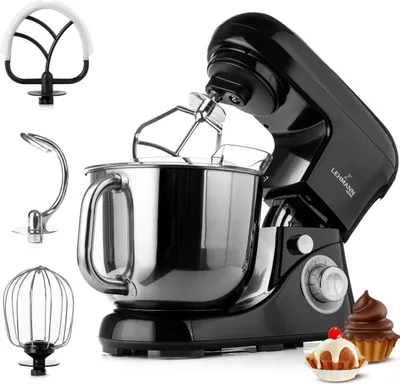 Produktbild von Lehmann Küchenmaschine 1300W mit 5L Edelstahl-Rührschüssel, inkl. Rührhaken, Knethaken, Schneebesen, Spritzschutz, 6 Geschwindigkeiten, Schwarz