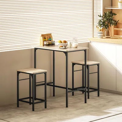 Produktbild von Bartisch-Set 3-teilig Naturholz, Bartisch & 2 Barhocker, Industrie-Stil Spanplatte Stahl, schiebbare Hocker | 80 x 50 x 87 cm | bis 120 kg