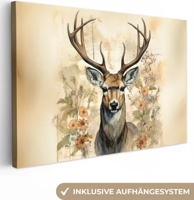 Produktbild von MuchoWow® - Leinwandbilder - Vintage - Hirsch - Rotwild - Blumen - Beige - Tiere - Natur, Wandbild, Wanddeko Bilder Wohnzimmer, 120x80cm