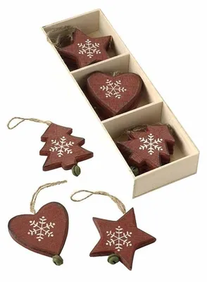 12er-Set Holz-Weihnachtsdeko: Herzen, Sterne & Bäume, 6x6 cm