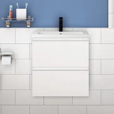 Image de Acezanble Lavabo avec meuble sous vasque, à poser, en pierre artificielle, ensemble de meubles de salle de bains, Suspendu, Matte, blanc, 50 cm