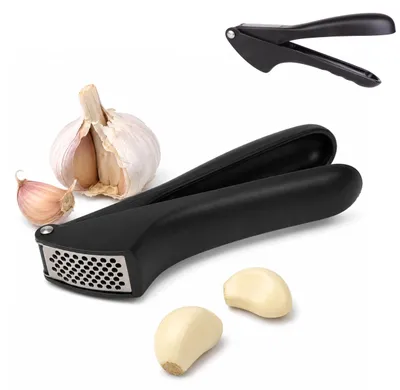 Knoblauchpresse 17 cm, ergonomische Griffe, schwarz, kompakt